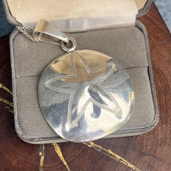 Vintage Sand Dollar Necklace 925 Large Shell Pendant ATI Mexico jewelry - Picture 9 of 10